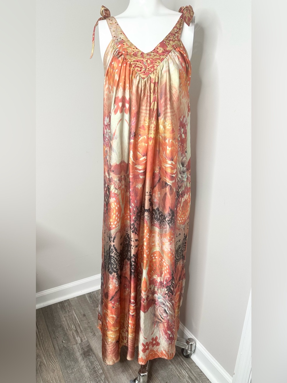 Lapis Orange and brown bold color Tie-Shoulder Maxi Dress- one size